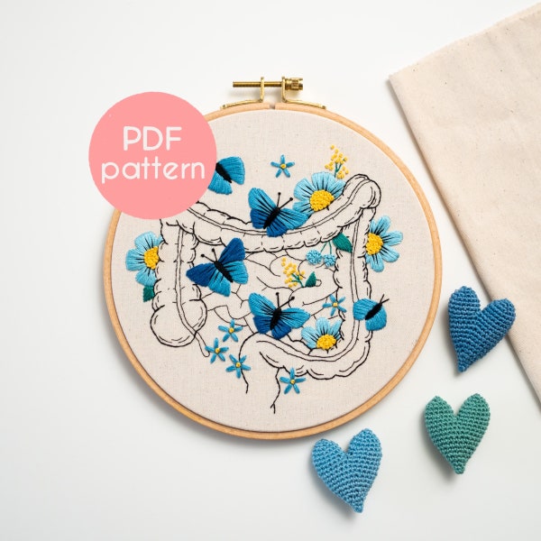 Embroidery Pattern - FLORAL COLON, Anatomical Intestines with Butterflies and Flowers, PDF Embroidery Pattern, Full Video Tutorial Included