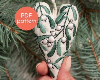 Mistletoe EMBROIDERY Pattern - DIY Ornament for Christmas in shape of a heart, video tutorials for beginners, PDF pattern design