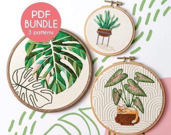 Hand Embroidery Bundle - Cats and Plants Embroidery, PDF Embroidery Patterns