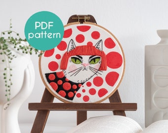 PDF Embroidery Pattern - YAYOI KUSAMA Inspired Cat Portrait, Photo and Video Tutorials Included