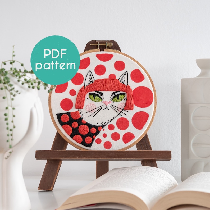 PDF Embroidery Pattern YAYOI KUSAMA Inspired Cat Portrait, Photo and Video Tutorials Included image 1