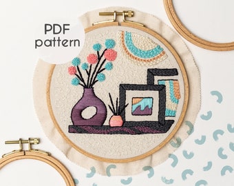 Embroidery Pattern PDF - MODERN INTERIOR hoop art, Intermediate Embroidery, step by step Beginner embroidery tutorials