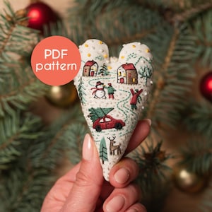 EMBROIDERY Pattern - DIY Ornament für Weihnachten in Form eines Herzens, PDF Stickmuster Design mit Video-Tutorials für verwendete Stickmuster