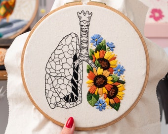Sunflower Lungs Embroidery Pattern: Anatomical Floral Design (PDF
