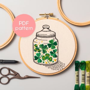 Embroidery Pattern - SHAMROCKS JAR, Hand Embroidery for Beginners, PDF Embroidery Design with Video Tutorials