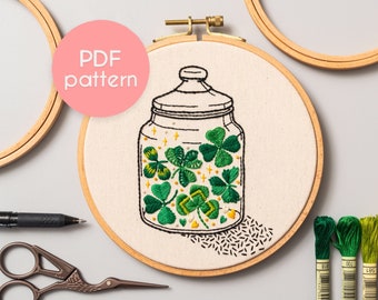 Embroidery Pattern - SHAMROCKS JAR, Hand Embroidery for Beginners, PDF Embroidery Design with Video Tutorials