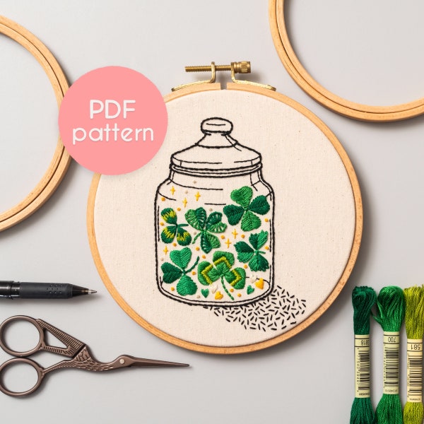 Embroidery Pattern - SHAMROCKS JAR, Hand Embroidery for Beginners, PDF Embroidery Design with Video Tutorials