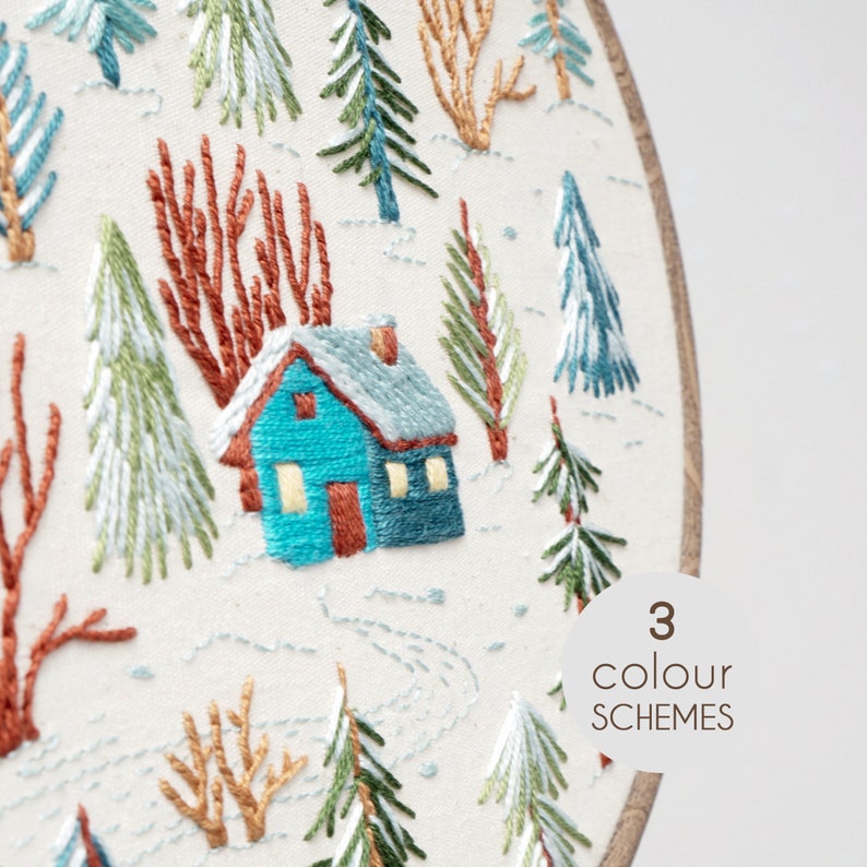 PDF Embroidery Pattern Winter Landscape, Tiny House, Beginner Embroidery image 2