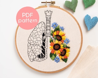 Hand Embroidery Pattern - SUNFLOWERS LUNGS, Anatomical Lungs with Flowers PDF Embroidery Design, Video Tutorials Included