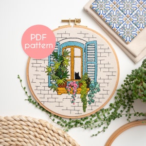 Embroidery Pattern - CAT in the WINDOW, Advanced Level, PDF Embroidery Design with Video Tutorials.