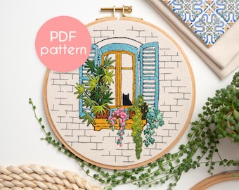 Embroidery Pattern - CAT in the WINDOW, Advanced Level, PDF Embroidery Design with Video Tutorials.