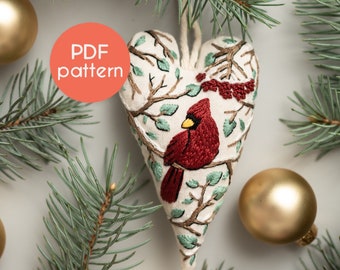 EMBROIDERY Pattern - Red Cardinal, Ornament for Christmas in the shape of a heart, PDF pattern design - video tutorials for beginners.