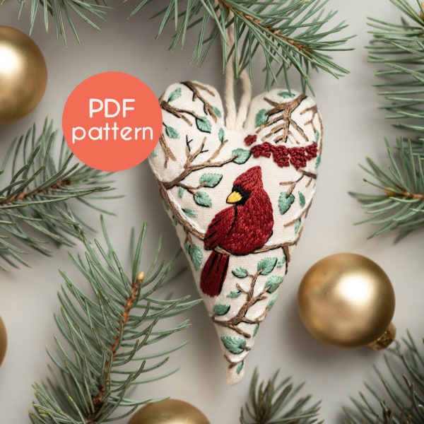 EMBROIDERY Pattern - Red Cardinal, Ornament for Christmas in the shape of a heart, PDF pattern design - video tutorials for beginners.