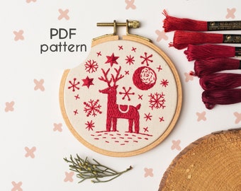 Hand Embroidery Pattern - The Red Deer, Beginner Embroidery Pattern, Christmas Embroidery