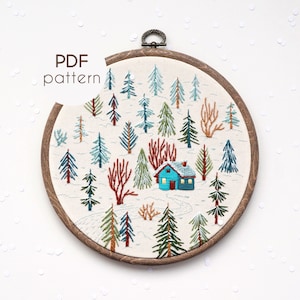 PDF Embroidery Pattern - Winter Landscape, Tiny House, Beginner Embroidery