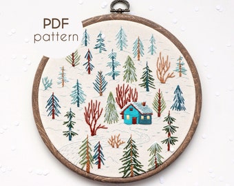 PDF Embroidery Pattern - Winter Landscape, Tiny House, Beginner Embroidery