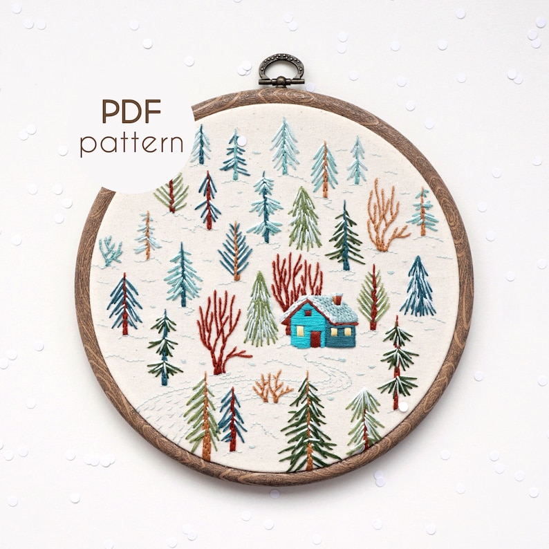PDF Embroidery Pattern Winter Landscape, Tiny House, Beginner Embroidery image 1