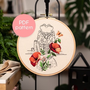Carta da ricamo - Tiroide anatomica con disegno di fiori di papavero, carta da ricamo in PDF, tutorial video inclusi