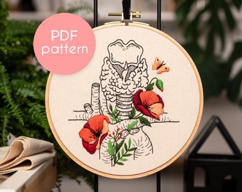 Thyroid & Poppy Flowers Embroidery Pattern: Anatomical Floral Design (PDF Pattern)