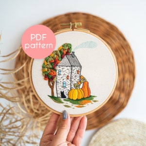 Autumn Cat & Pumpkin House Embroidery Pattern: Advanced Level (PDF Pattern)