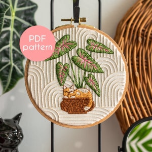 Hand Embroidery - INDOOR CAT with a Plant, PDF Pattern, Modern Hand Embroidery Home Decor