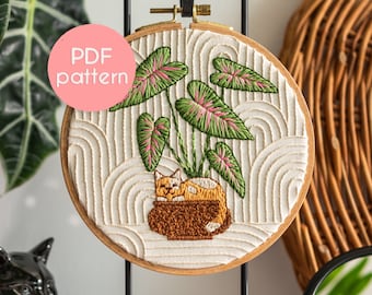 Hand Embroidery - INDOOR CAT with a Plant, PDF Pattern, Modern Hand Embroidery Home Decor