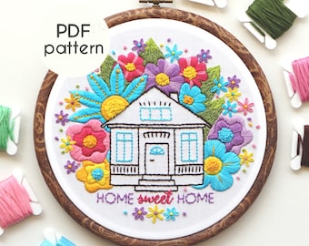 Home Sweet Home Embroidery Pattern: Floral House Design (PDF)