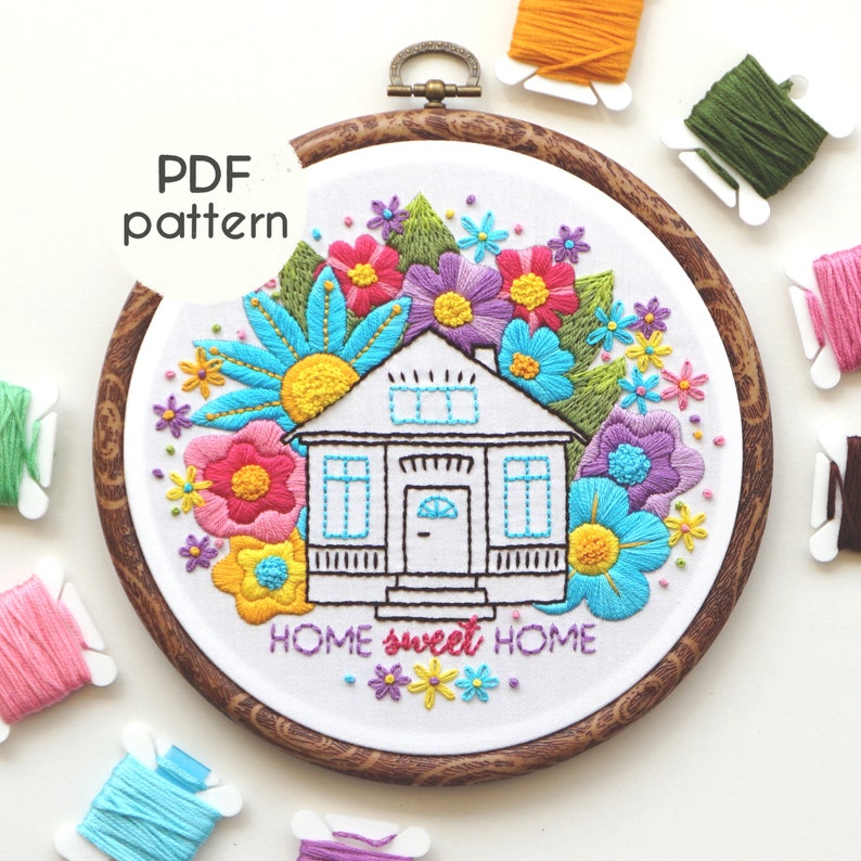 Hand Embroidery Pattern Home Sweet Home, Intermediate Embroidery, PDF Embroidery image 1