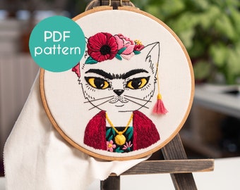 Patron de broderie Frida Catlo : Art des miaous (Patron PDF)