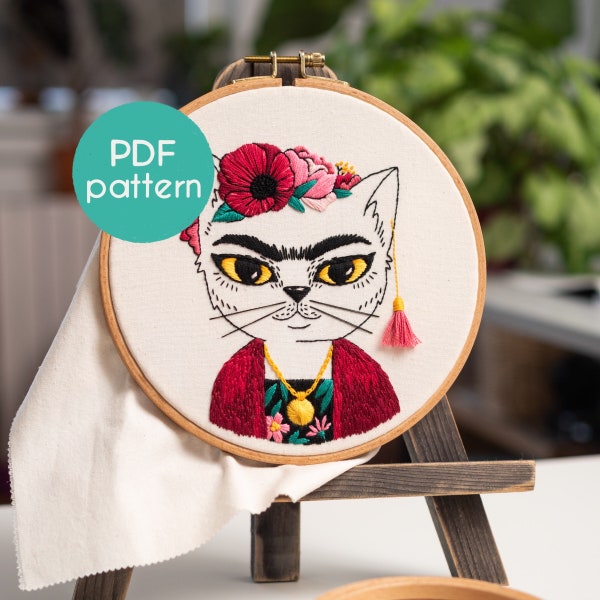 Embroidery Pattern - FRIDA KAHLO, Frida Catlo, PDF Embroidery Design, Famous Artists as Cats, Video Tutorials Included