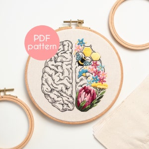 Hand Embroidery Pattern - BRAIN&#39;S GARDEN, Anatomical Brain PDF Embroidery Design with Flowers and a Bee, Video Tutorials Included