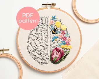 Hand Embroidery Pattern - BRAIN'S GARDEN, Anatomical Brain PDF Embroidery Design with Flowers and a Bee, Video Tutorials Included