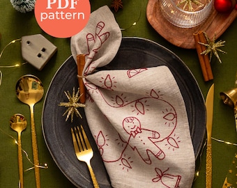 Gingerbread Hand Embroidery Pattern | Christmas Linen Napkin DIY (PDF Pattern)