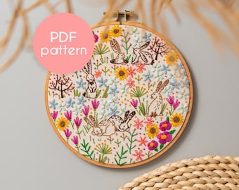 PDF Embroidery - Spring Bunnies Pattern, Beginner Embroidery With Video Tutorial of Used Stitches