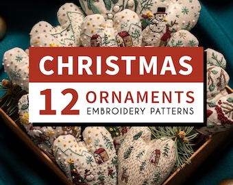 DIY Christmas Ornaments, Hand Embroidery Patterns: 12 Heart Designs (PDF Download)