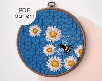 Embroidery Pattern - Bee Embroidery, Daisy Embroidery Pattern, Beginner Embroidery, DIY Embroidery