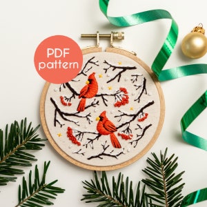 Embroidery Pattern - CHRISTMAS CARDINALS, Birds Hoop Art Embroidery PDF Pattern, with YouTube video tutorials included