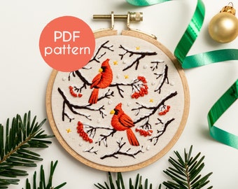 Weihnachts Cardinals Stickmuster: Winter Vögel Hoop Art (PDF-Muster)