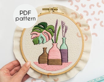 PDF Embroidery - MODERN MONSTERA, Beginner Hand Embroidery Pattern