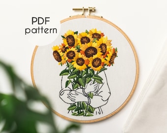 Hand Embroidery Pattern - SUNFLOWER HUG, Digital Download PDF, Video Tutorial for Beginners Included