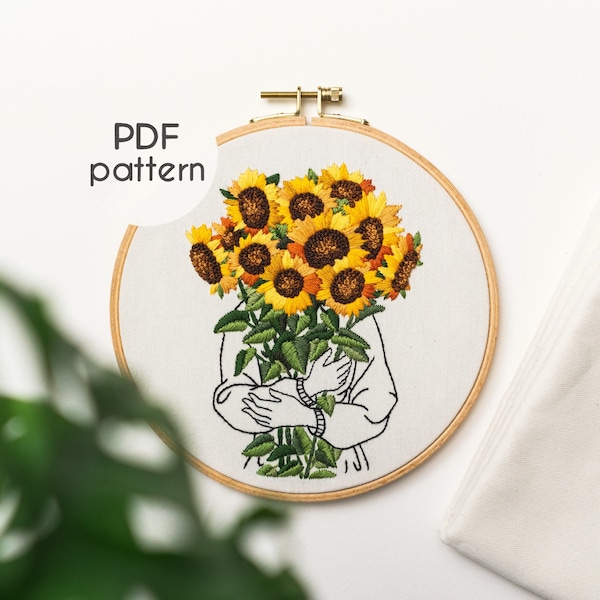 Hand Embroidery Pattern - SUNFLOWER HUG, Digital Download PDF, Video Tutorial for Beginners Included
