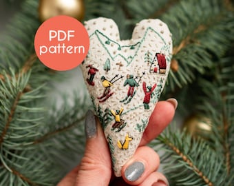 EMBROIDERY Pattern - Ornament for Christmas in the shape of a heart, PDF pattern design with video tutorials for beginners.