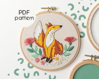Hand Embroidery  - FOX Embroidery Pattern with Flowers, Beginner Embroidery