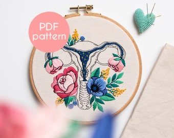 Hand Embroidery Pattern - BLOOMING UTERUS, Human Anatomy, PDF Embroidery Design with Video Tutorials