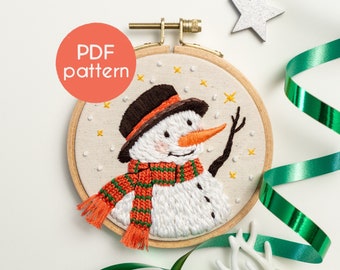 Embroidery Pattern - The SNOWMAN, Winter and Christmas PDF Pattern, with video tutorials included