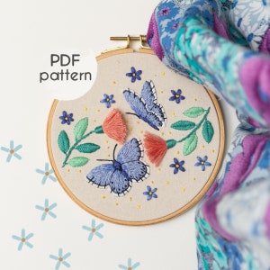 Hand Embroidery Pattern - BUTTERFLY MAGIC, Digital Download PDF, Beginner Embroidery