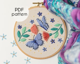 蝶と花の手刺繍パターン：初心者向けフープアート、素朴な装飾（PDF