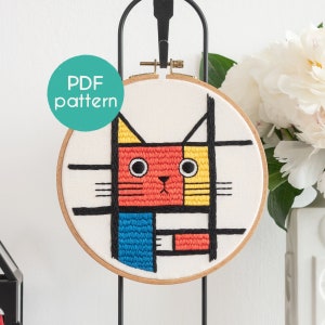 Embroidery Pattern - PIET MONDRIAN, Cat Meowdrian, PDF Embroidery Design, Famous Artists as Cats, Video Tutorials Included