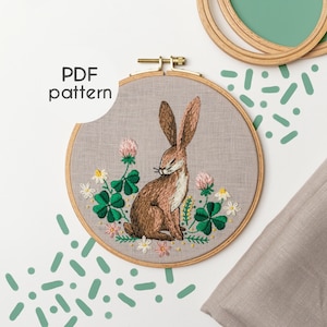 Hand Embroidery Pattern - LUCKY CLOVER BUNNY, Rabbit Embroidery Pattern with Step by Step Video Tutorial