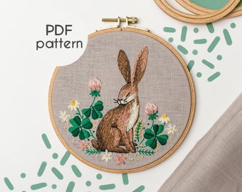 Hand Embroidery Pattern - LUCKY CLOVER BUNNY, Rabbit Embroidery Pattern with Step by Step Video Tutorial